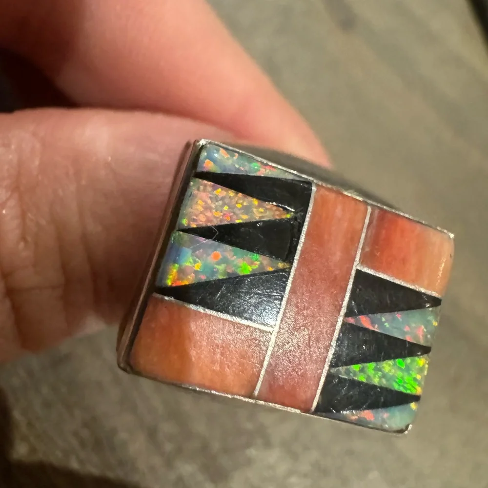 Vintage Native American RS Signed 925 Sterling Opal Inlay Ring 10.2g Sz 10.25 - Picture 3 of 9